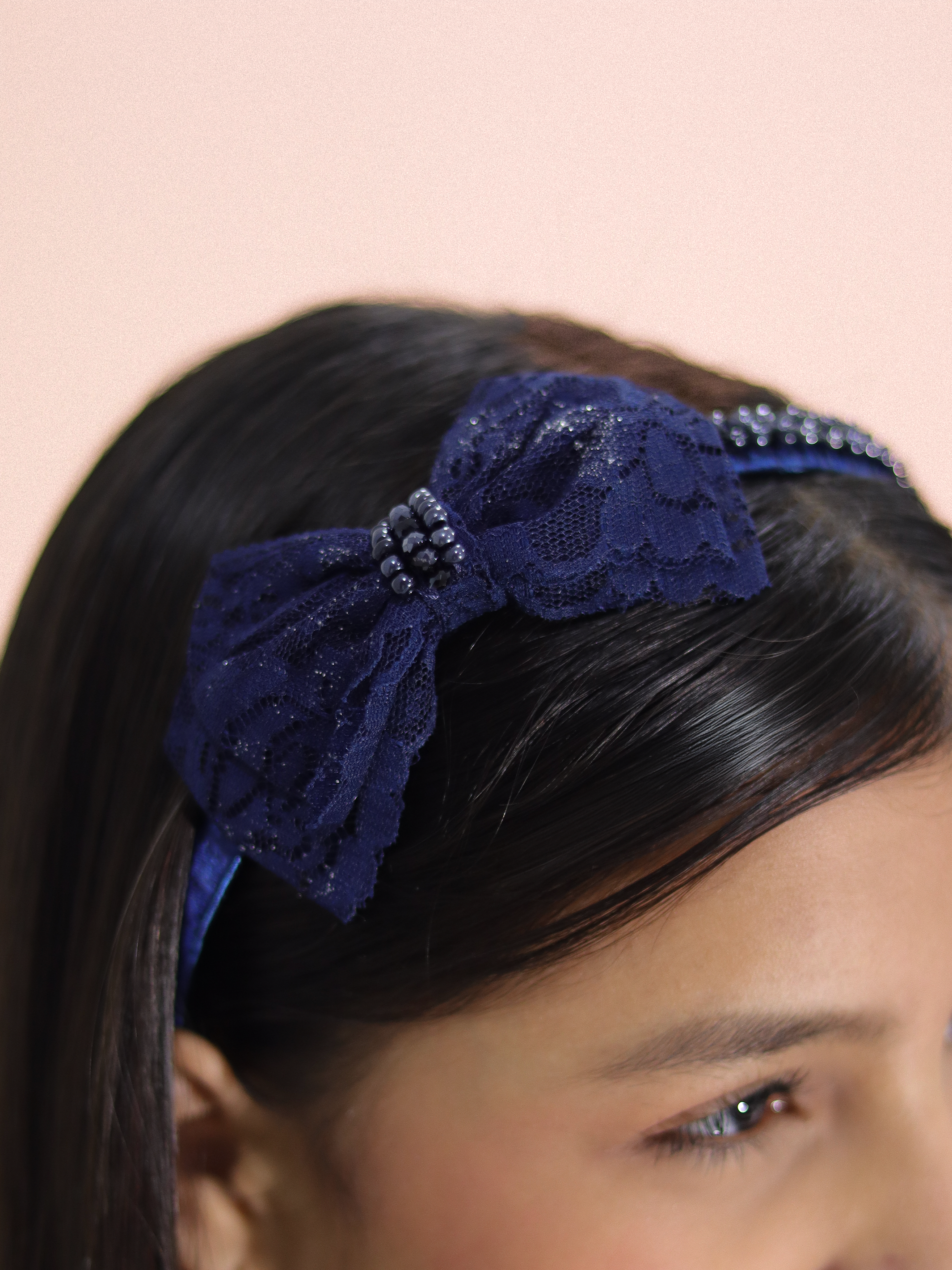 Diademas para niñas en azul marino con lazo de encaje delicado
