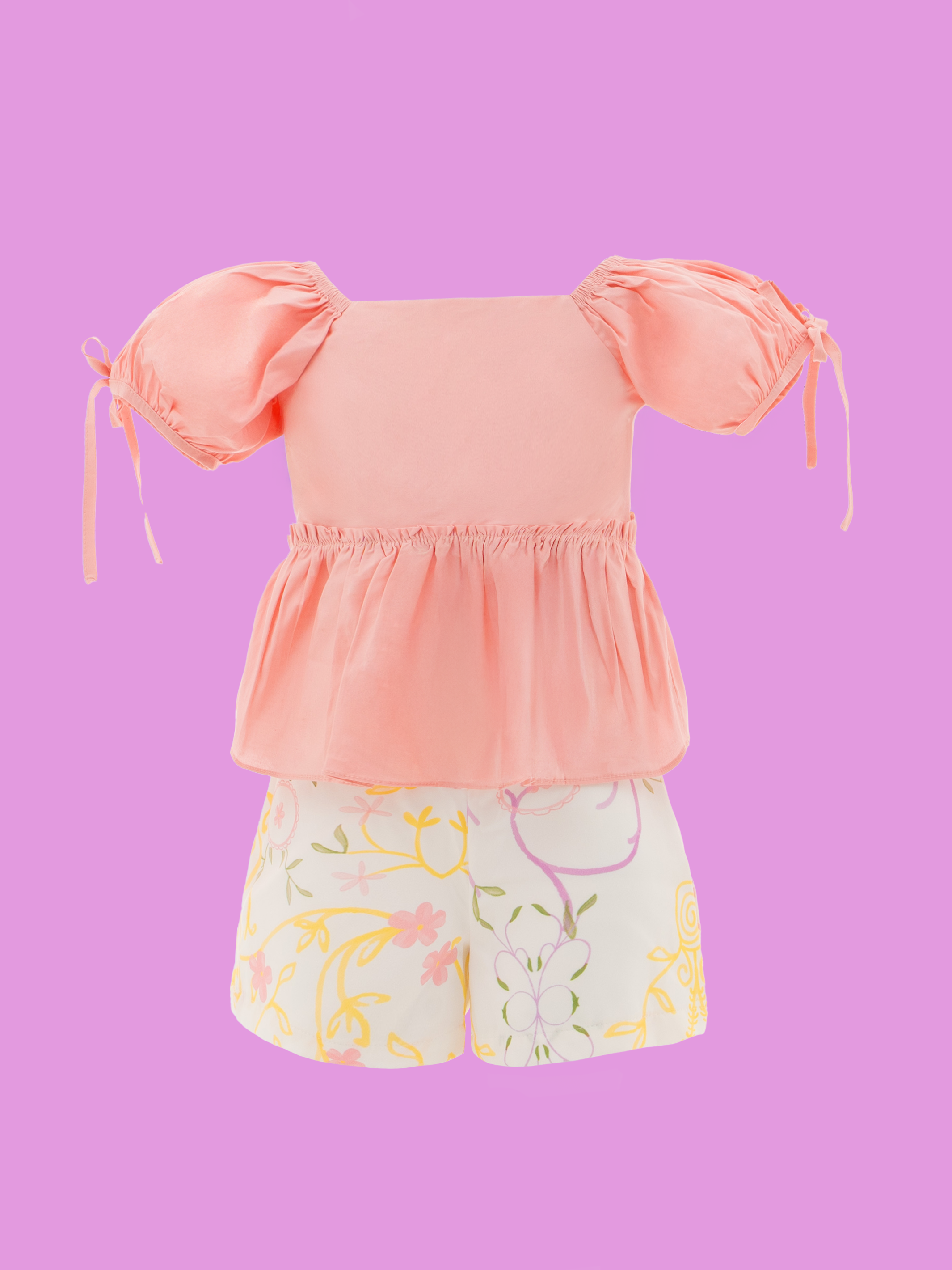Conjunto de ropa para niñas con short estampado y blusa con lazo