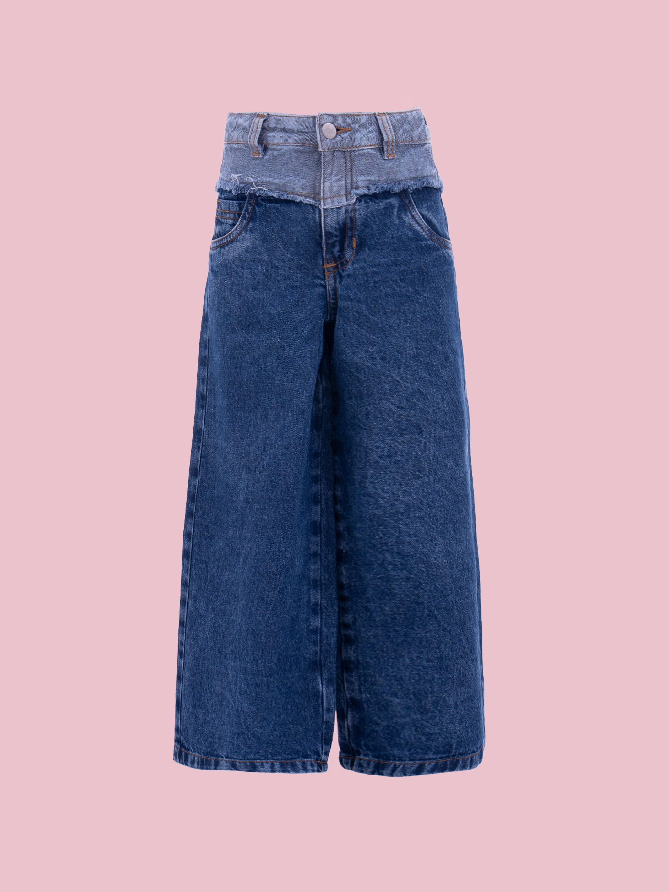 Jeans para niñas en índigo con cintura en contraste