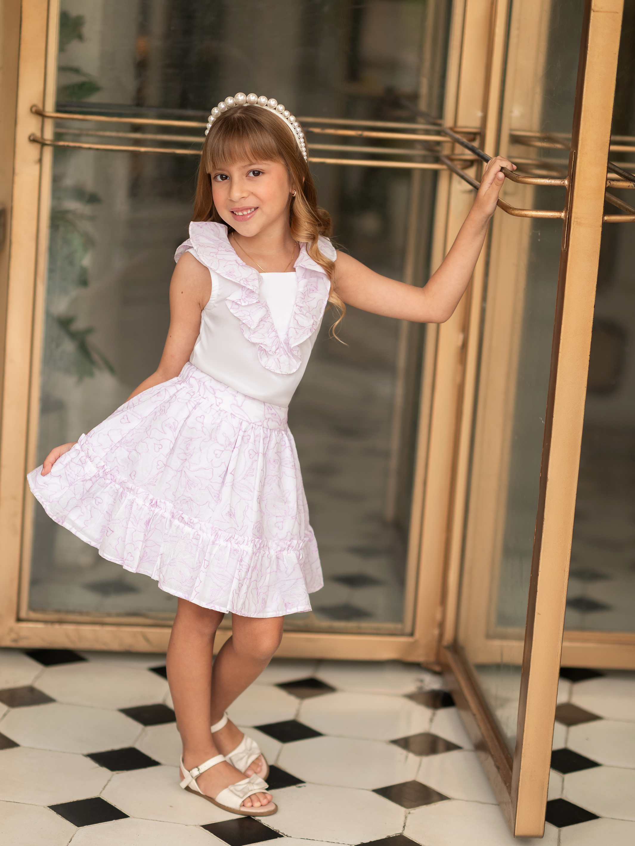 Conjunto para niña en popelina y ojalillo con falda de arandela