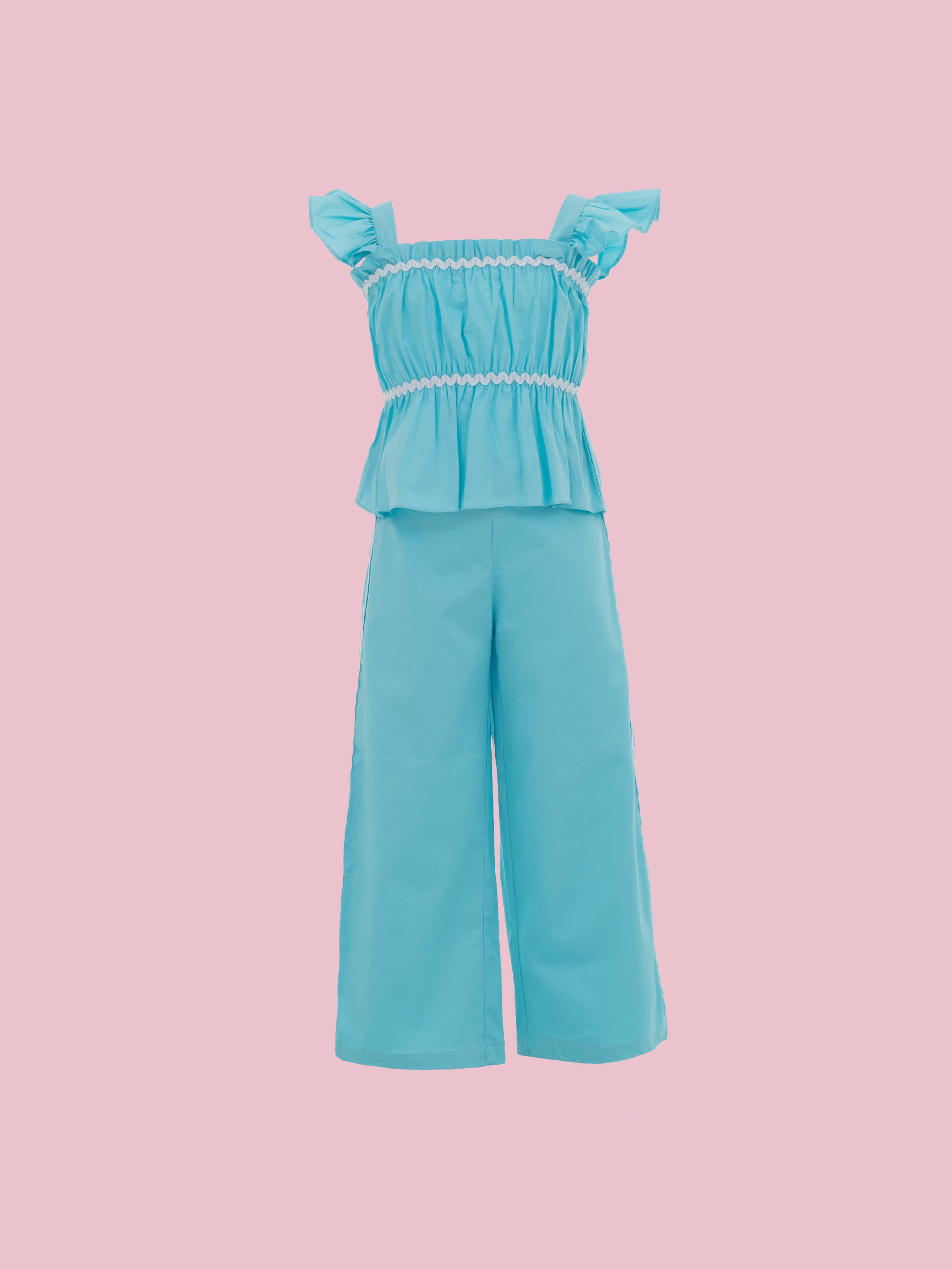 Conjunto para niña con pantalón cómodo y blusa de volantes fruncidos