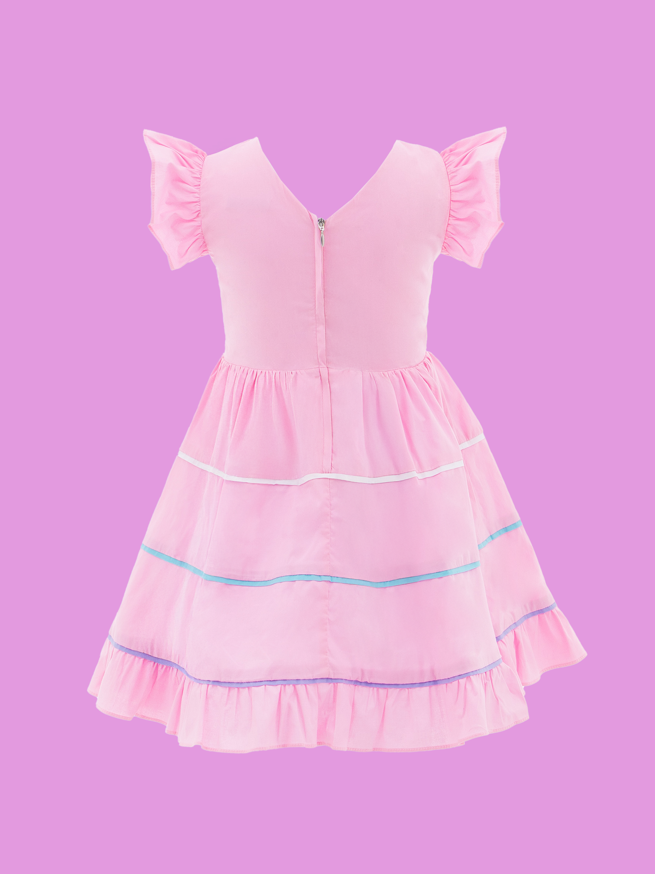vestido de niña en popelina con mangas tipo arandela y vivos de colores